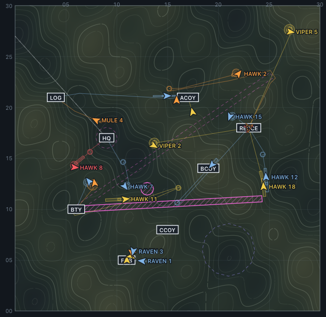 Skein's live map: drone flights over terrain, each with its own route, steering clear of a closed strip of airspace